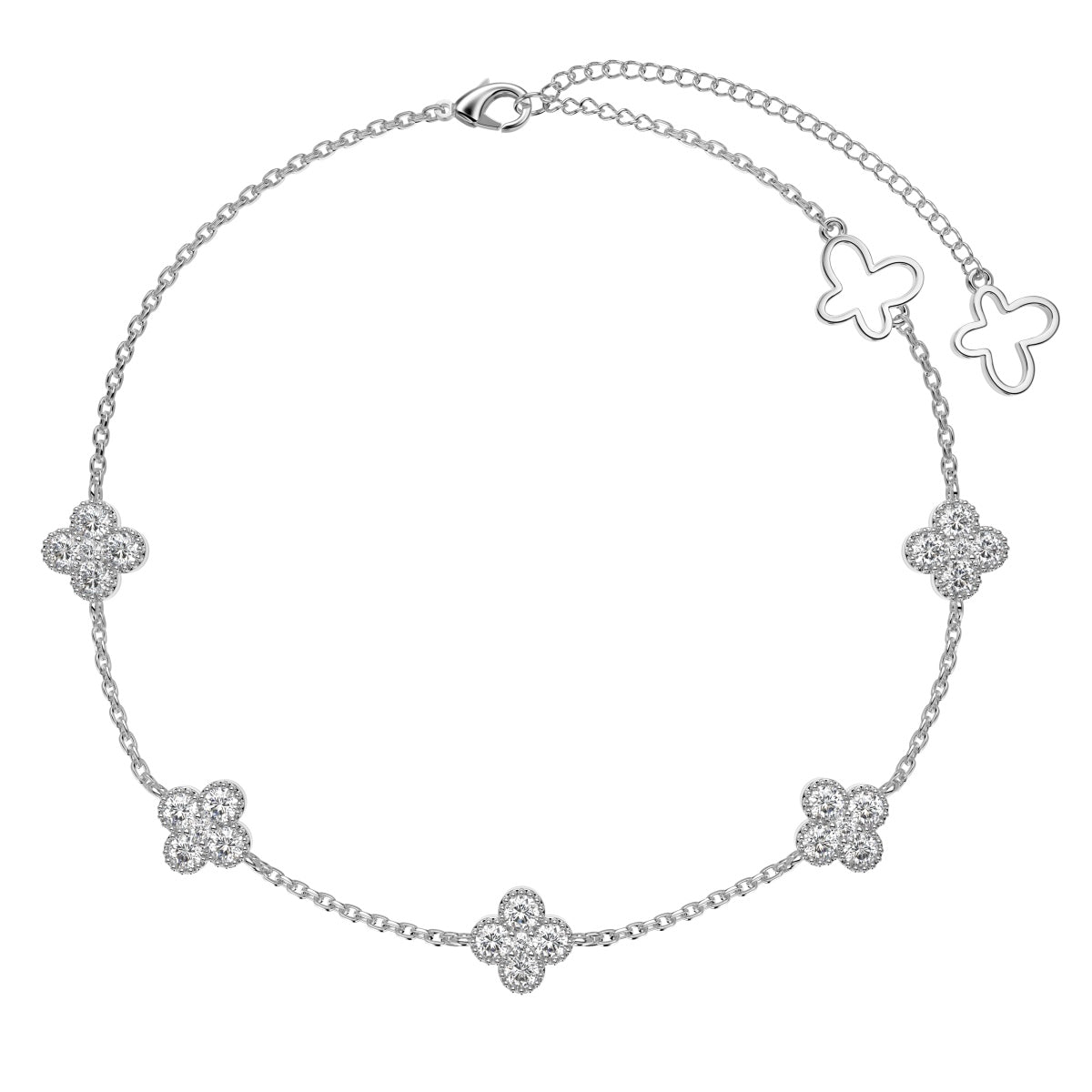 Anklet made of 925 silver with 5x clover pendants & zirconia