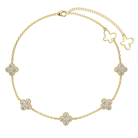 Anklet 18K gold-plated with 5x clover pendants &amp; sparkling zirconia stones