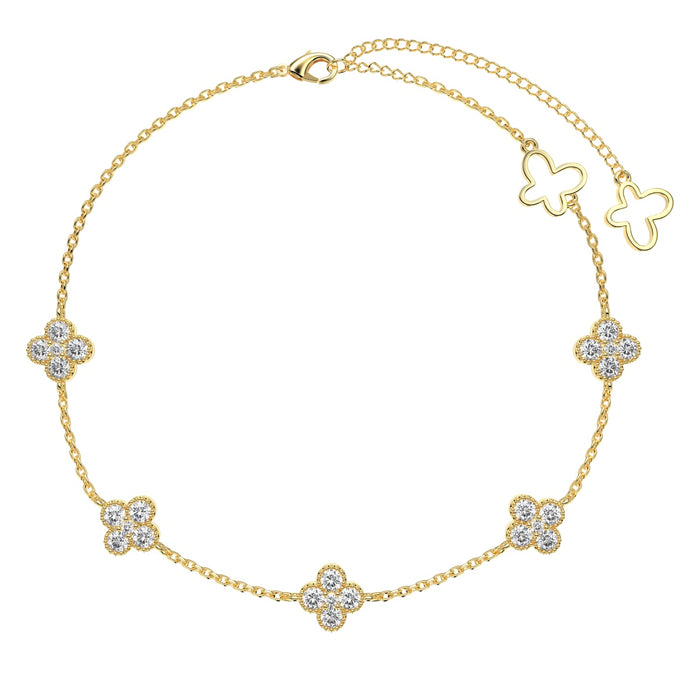 Anklet 18K gold-plated with 5x clover pendants &amp; sparkling zirconia stones