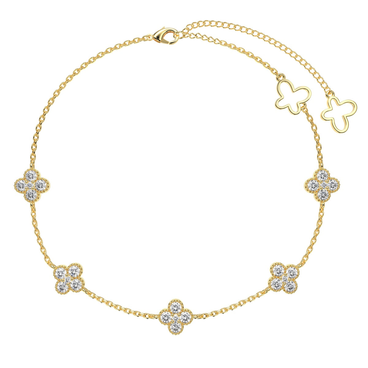Anklet 18K gold-plated with 5x clover pendants & sparkling zirconia stones