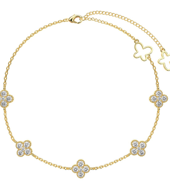 Anklet 18K gold-plated with 5x clover pendants &amp; sparkling zirconia stones
