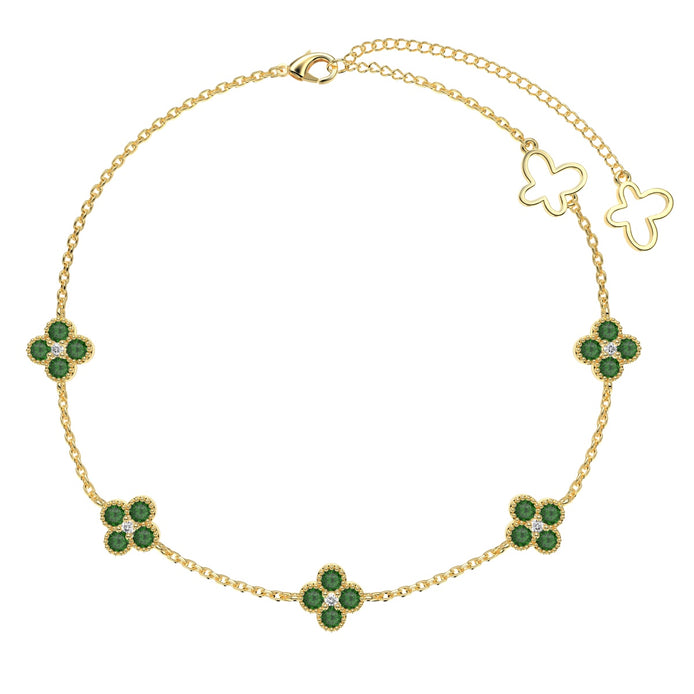 Anklet 18K gold-plated with 5x clover pendants &amp; green zirconia stones