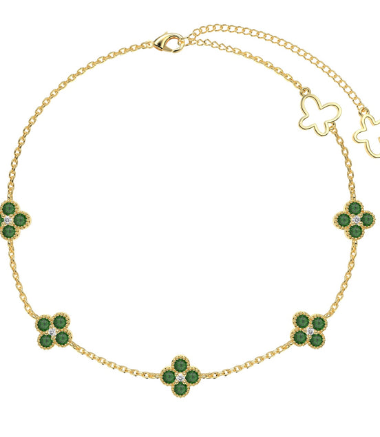Anklet 18K gold-plated with 5x clover pendants &amp; green zirconia stones