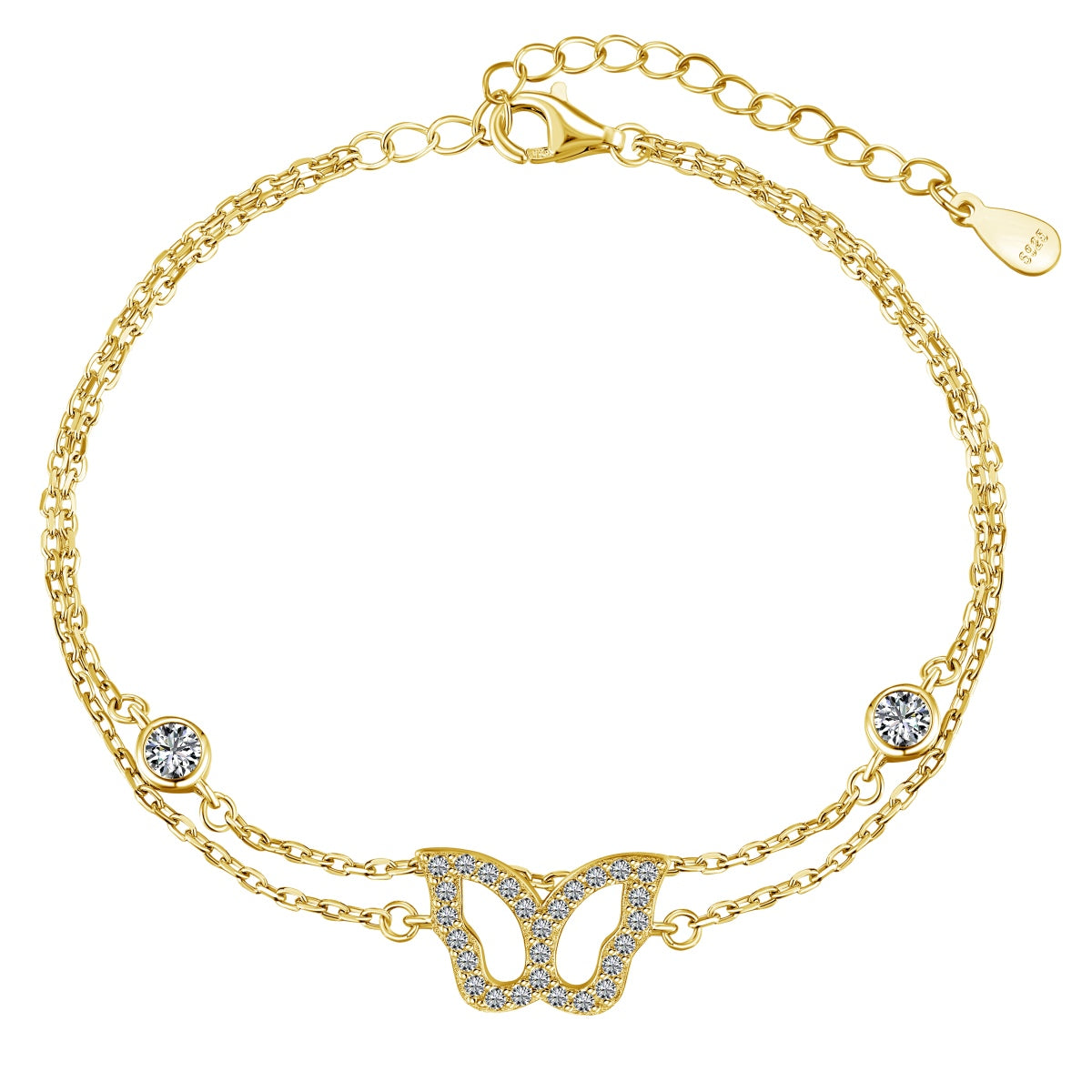 Anklet 925 silver, 18K gold-plated with butterfly pendant & zirconia stones