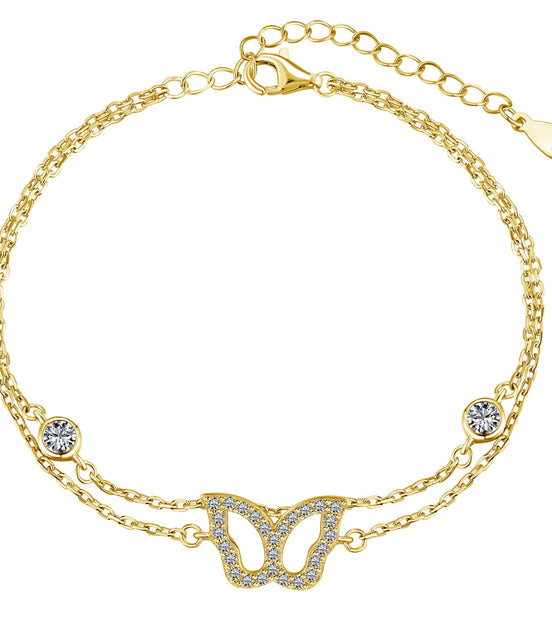 Anklet 925 silver, 18K gold-plated with butterfly pendant &amp; zirconia stones