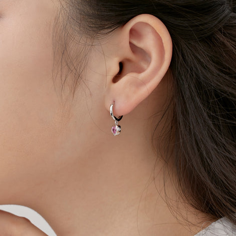 Heart Hoop Earrings 925 Sterling Silver Pink Zirconia Stone
