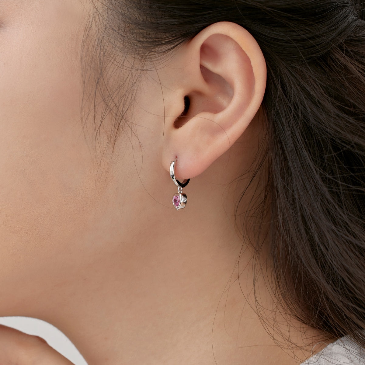 Heart Hoop Earrings 925 Sterling Silver Pink Zirconia Stone