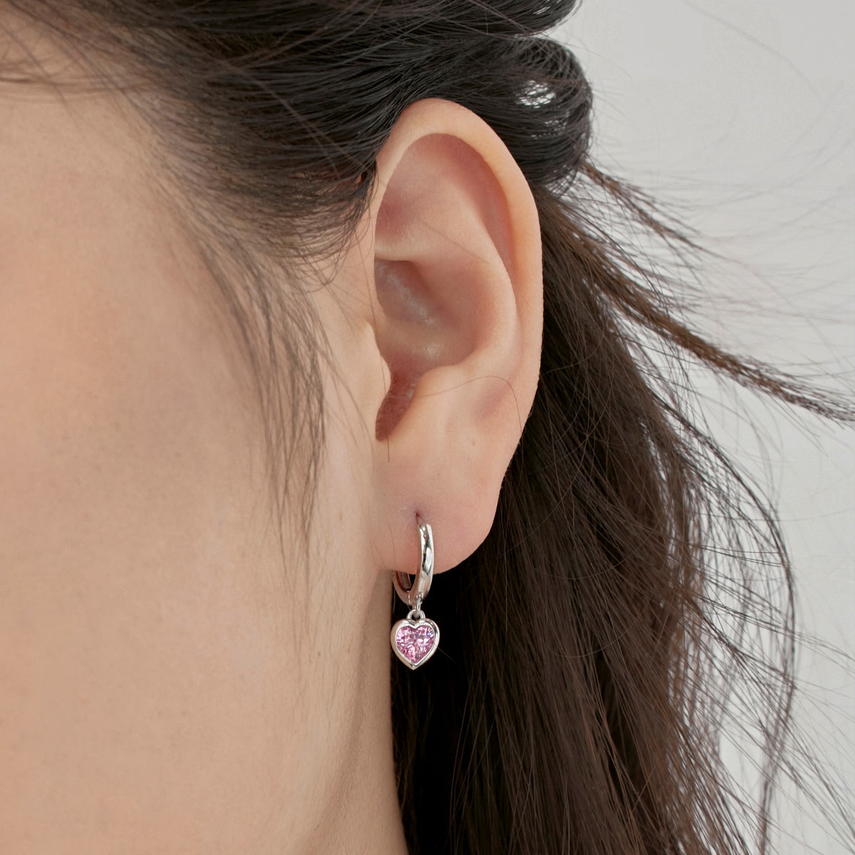 Heart Hoop Earrings 925 Sterling Silver Pink Zirconia Stone