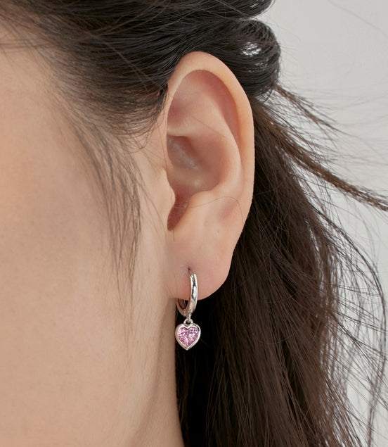 Heart Hoop Earrings 925 Sterling Silver Pink Zirconia Stone