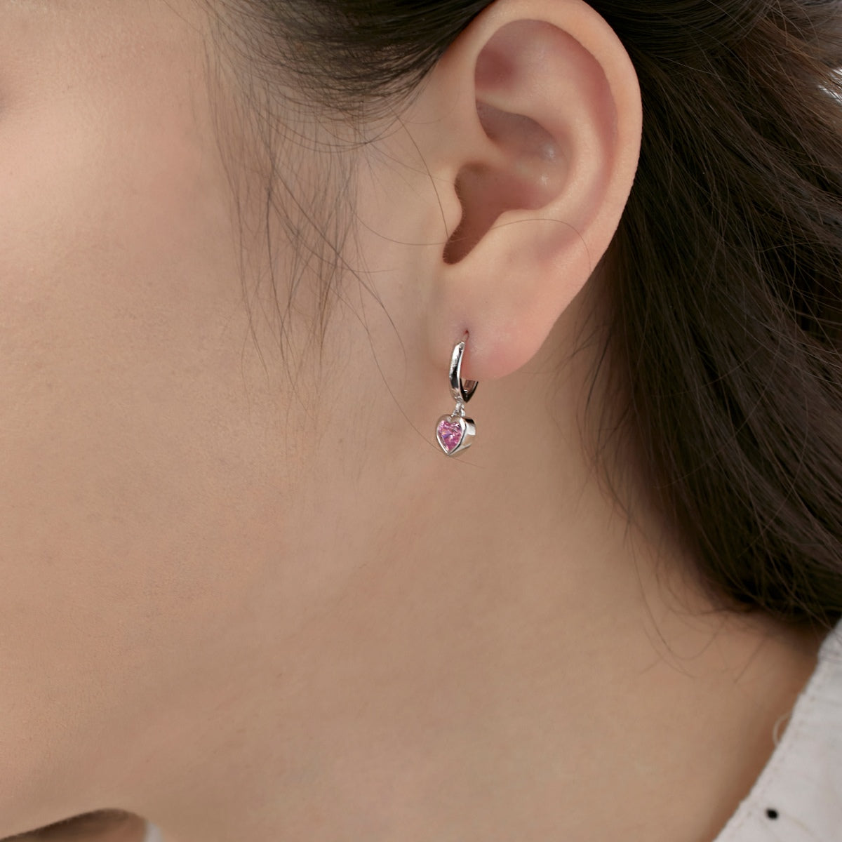 Heart Hoop Earrings 925 Sterling Silver Pink Zirconia Stone