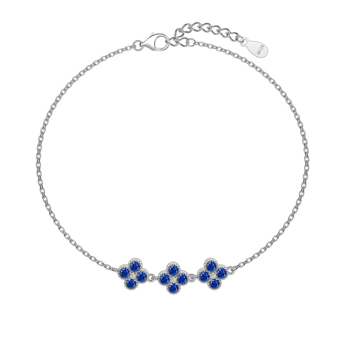 925 silver bracelet with 3x clover leaf pendant, blue zirconia stones