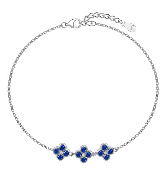 925 silver bracelet with 3x clover leaf pendant, blue zirconia stones