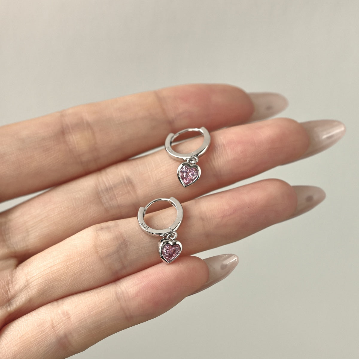 Heart Hoop Earrings 925 Sterling Silver Pink Zirconia Stone