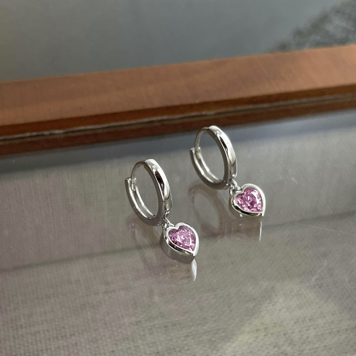 Heart Hoop Earrings 925 Sterling Silver Pink Zirconia Stone