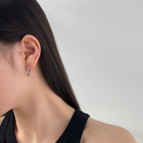 Heart Hoop Earrings 925 Sterling Silver Pink Zirconia Stone