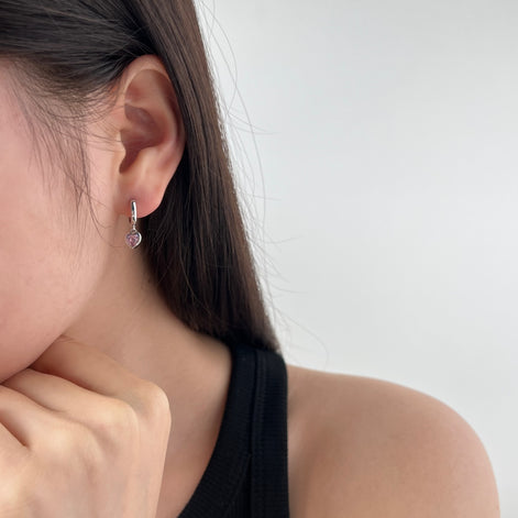 Heart Hoop Earrings 925 Sterling Silver Pink Zirconia Stone