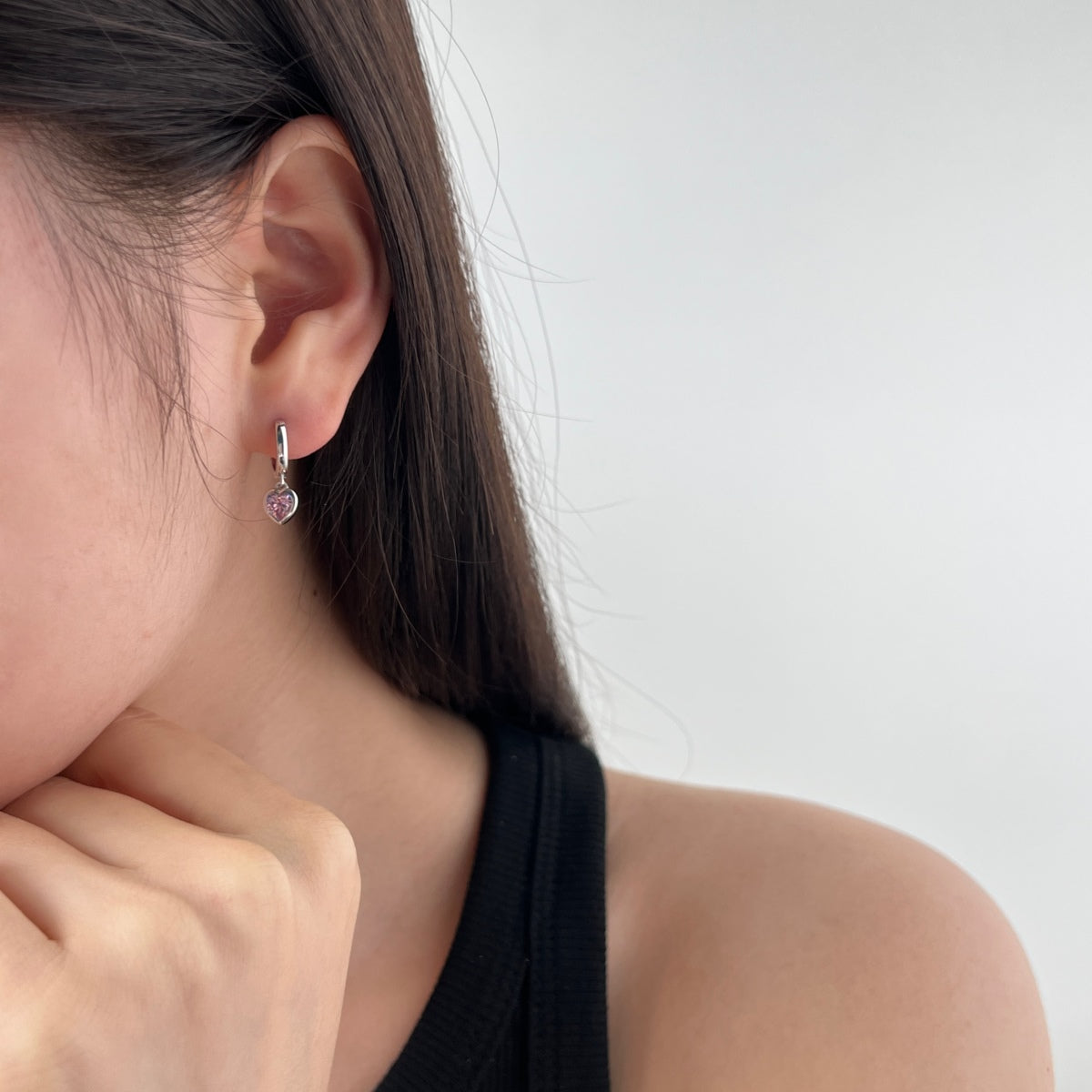 Heart Hoop Earrings 925 Sterling Silver Pink Zirconia Stone