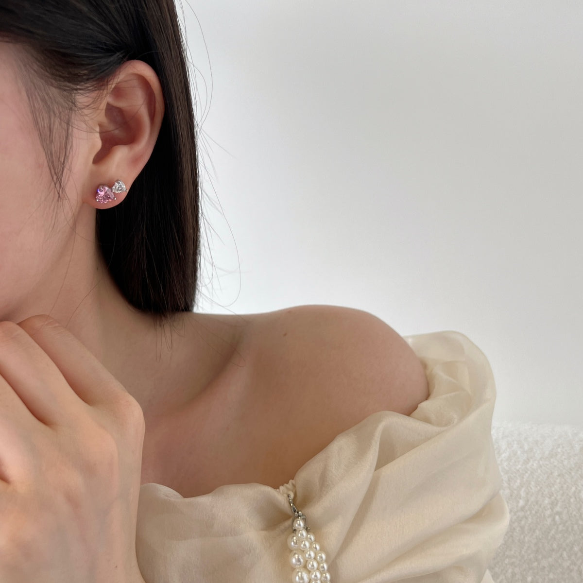 Heart stud earrings 925 silver rhodium-plated pink & white zirconia