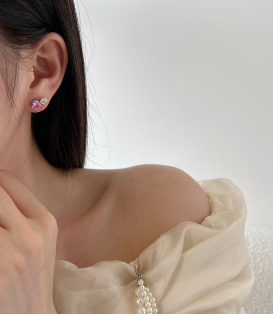 Heart stud earrings 925 silver rhodium-plated pink &amp; white zirconia