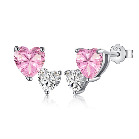 Heart stud earrings 925 silver rhodium-plated pink &amp; white zirconia