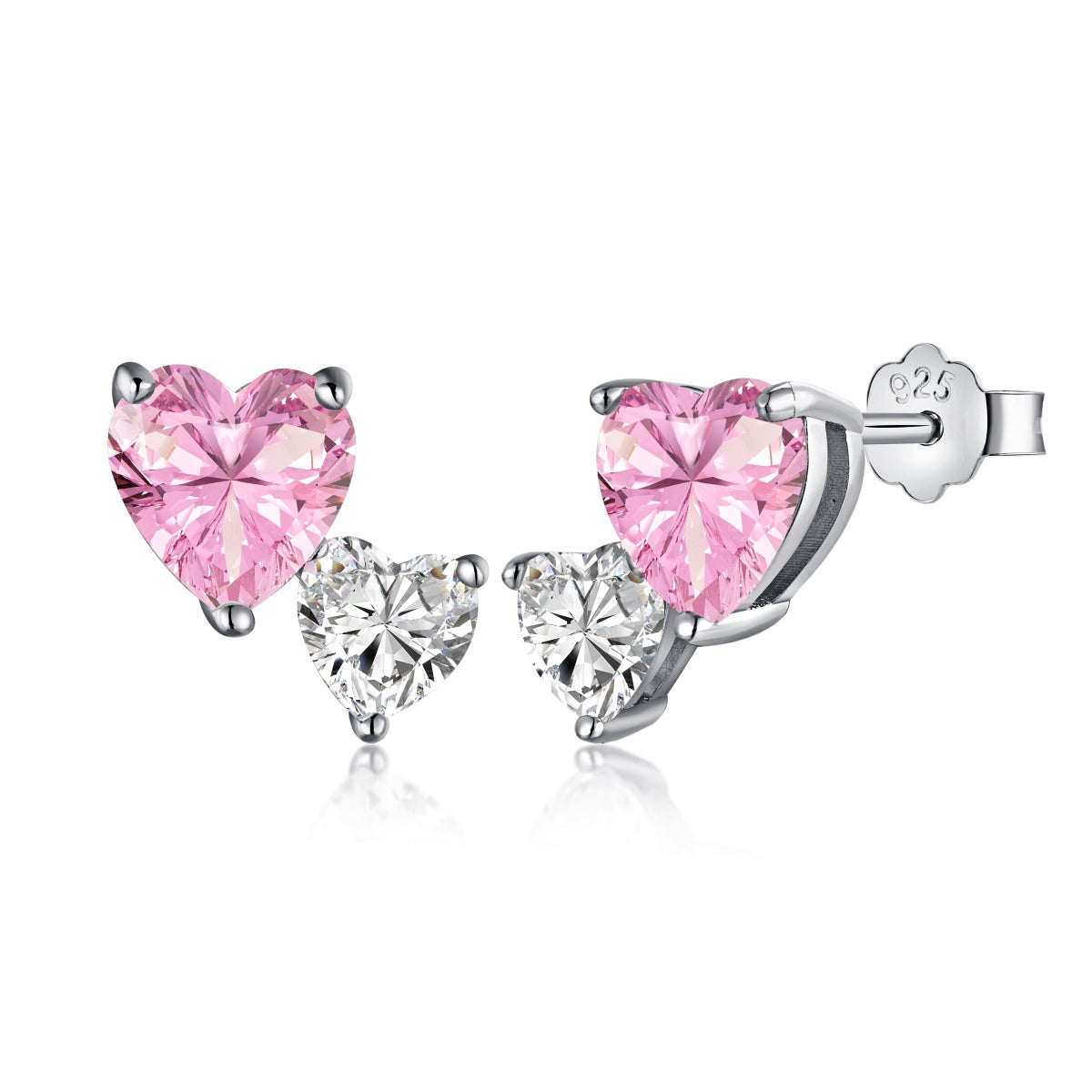 Heart stud earrings 925 silver rhodium-plated pink & white zirconia
