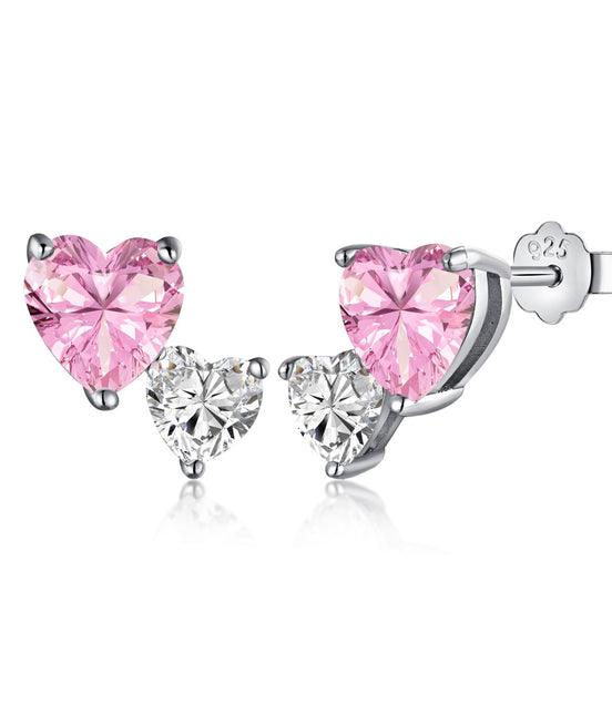 Heart stud earrings 925 silver rhodium-plated pink &amp; white zirconia