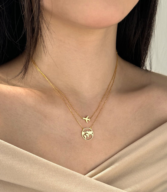 Double chain – 18K gold-plated 925 sterling silver with earth &amp; airplane pendant