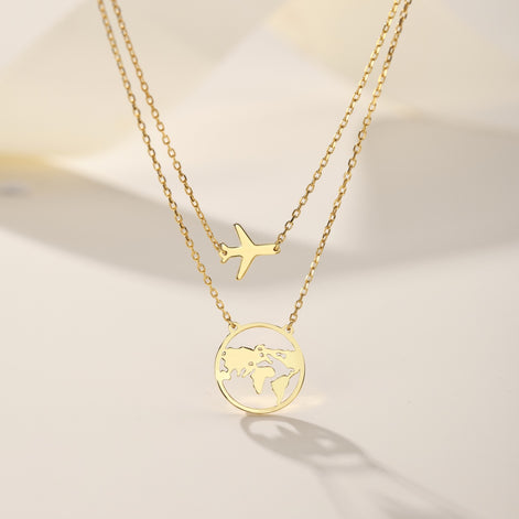 Double chain – 18K gold-plated 925 sterling silver with earth &amp; airplane pendant