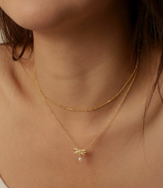 18K gold-plated double chain made of 925 sterling silver with bow pendant &amp; pearl