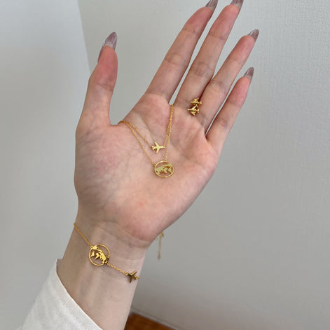 Double chain – 18K gold-plated 925 sterling silver with earth &amp; airplane pendant