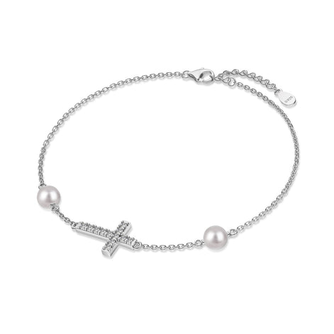 925 Sterling silver bracelet with cross pendant, set with zirconia stones and 2x genuine pearls