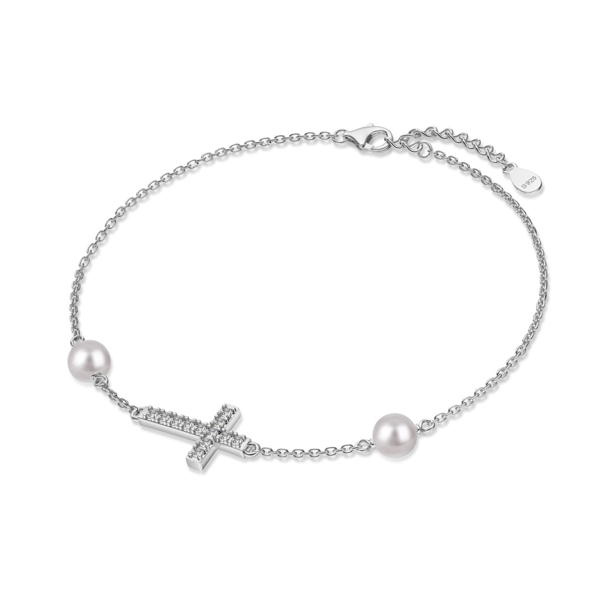 925 Sterling silver bracelet with cross pendant, set with zirconia stones and 2x genuine pearls