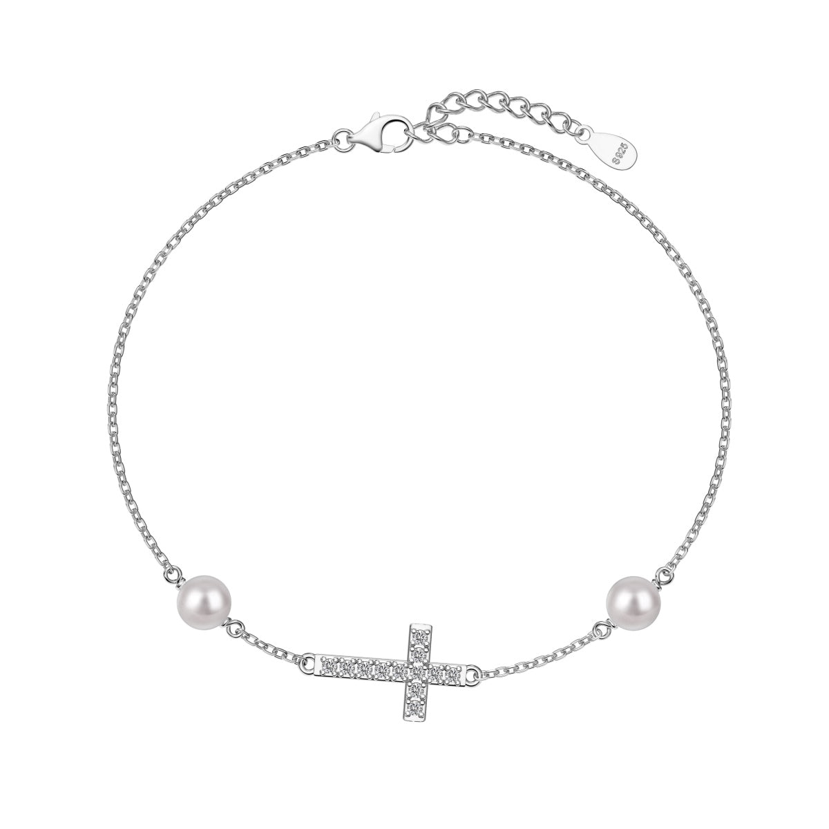 925 Sterling silver bracelet with cross pendant, set with zirconia stones and 2x genuine pearls