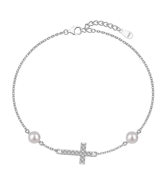 925 Sterling silver bracelet with cross pendant, set with zirconia stones and 2x genuine pearls