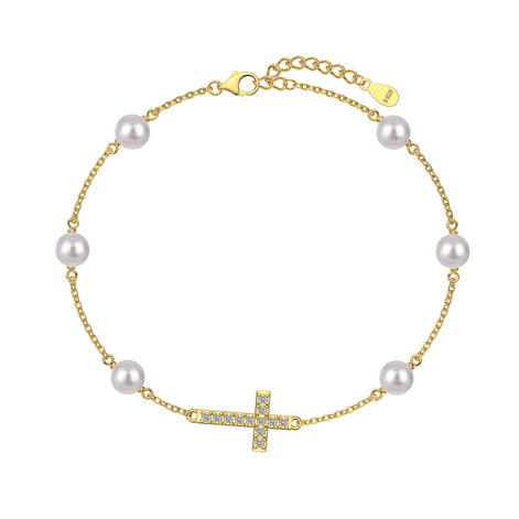 Bracelet with genuine pearls and cross pendant – gold-plated sterling silver