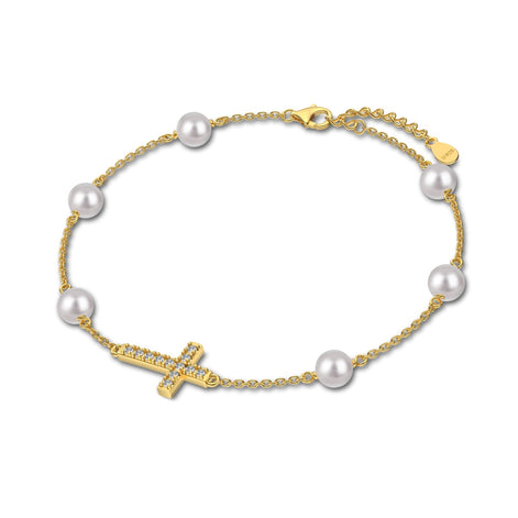 Bracelet with genuine pearls and cross pendant – gold-plated sterling silver