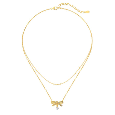 18K gold-plated double chain made of 925 sterling silver with bow pendant &amp; pearl