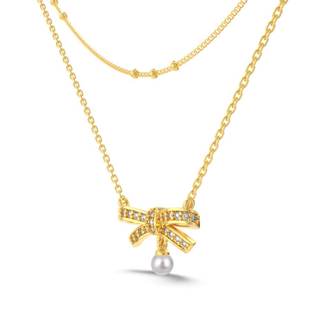 18K gold-plated double chain made of 925 sterling silver with bow pendant &amp; pearl