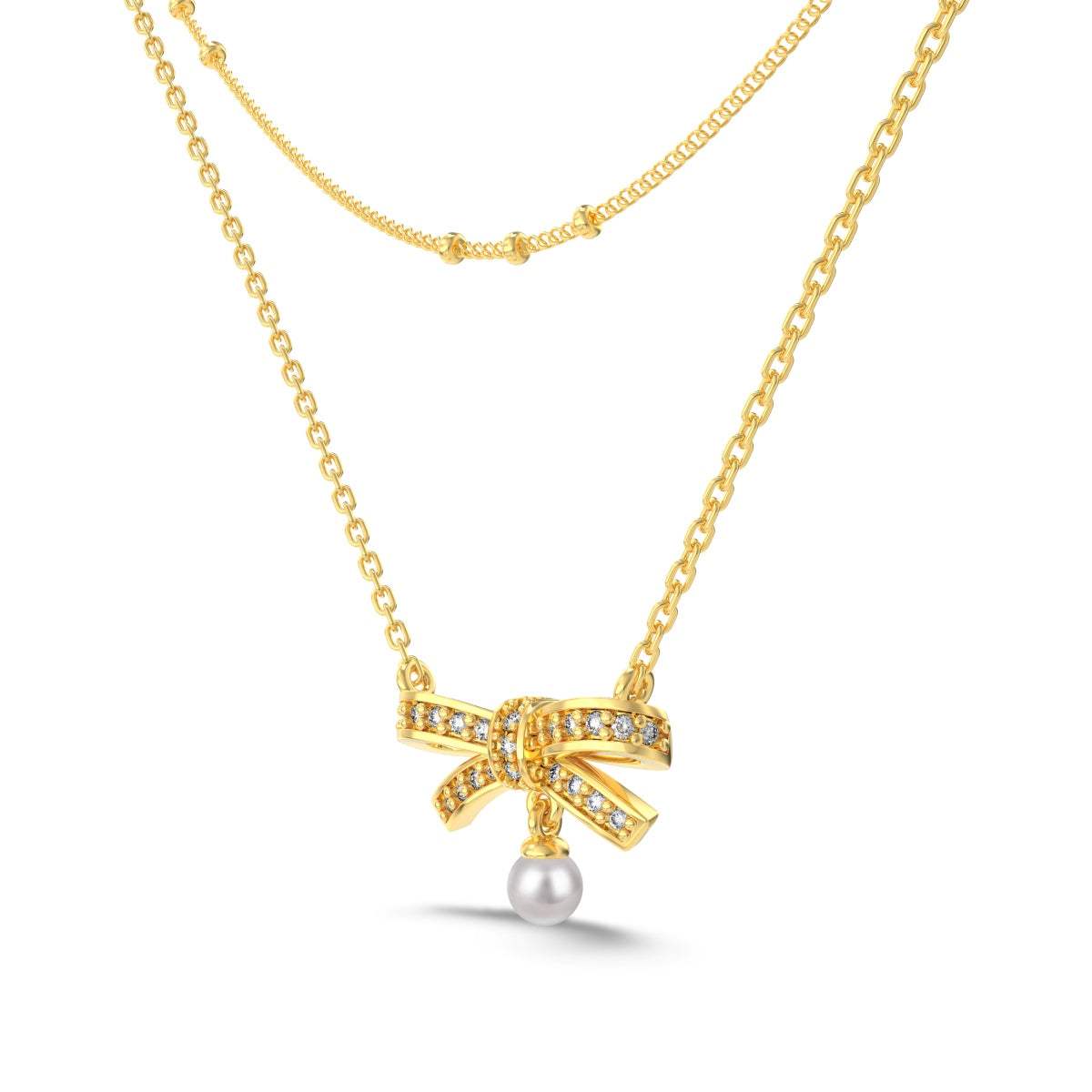18K gold-plated double chain made of 925 sterling silver with bow pendant & pearl