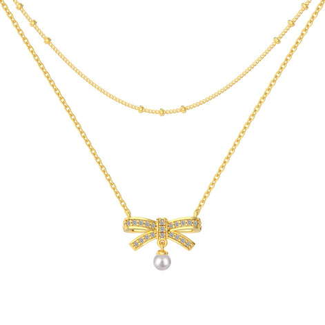 18K gold-plated double chain made of 925 sterling silver with bow pendant &amp; pearl