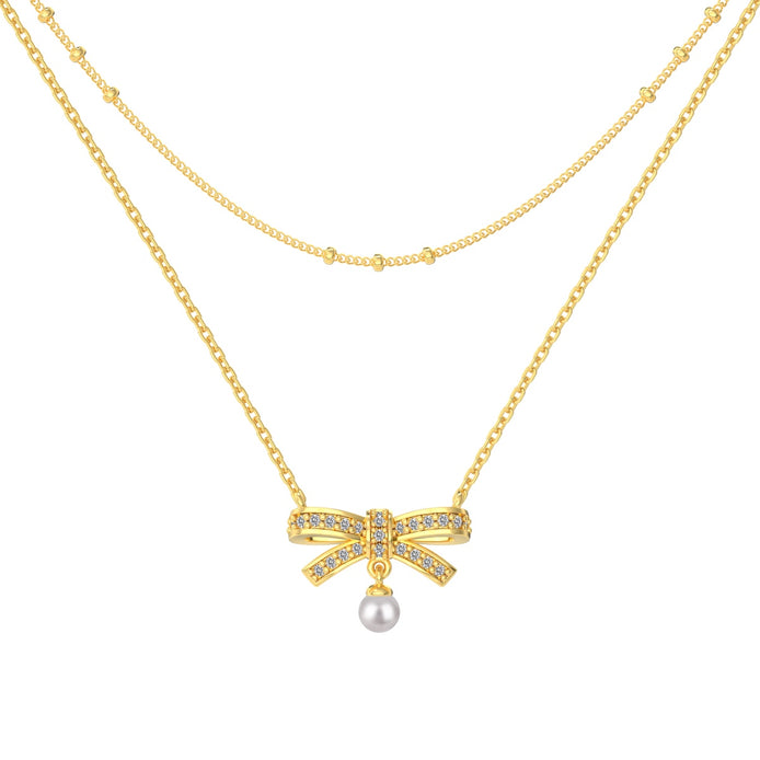 18K gold-plated double chain made of 925 sterling silver with bow pendant &amp; pearl