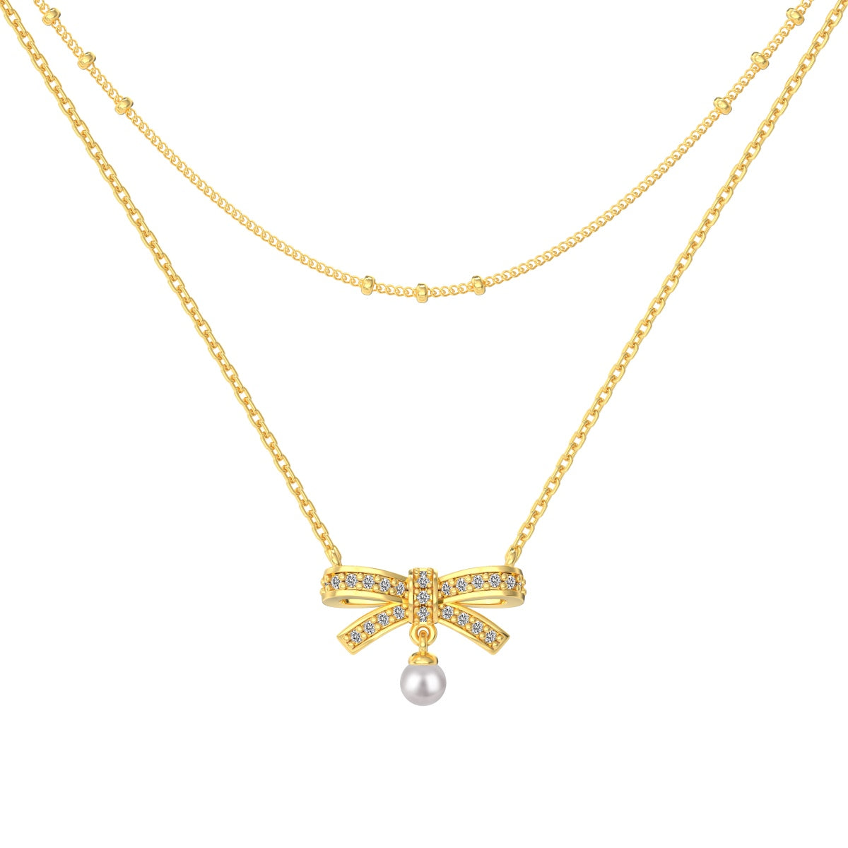 18K gold-plated double chain made of 925 sterling silver with bow pendant & pearl