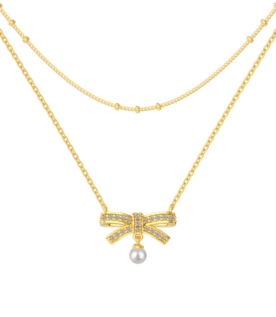 18K gold-plated double chain made of 925 sterling silver with bow pendant &amp; pearl