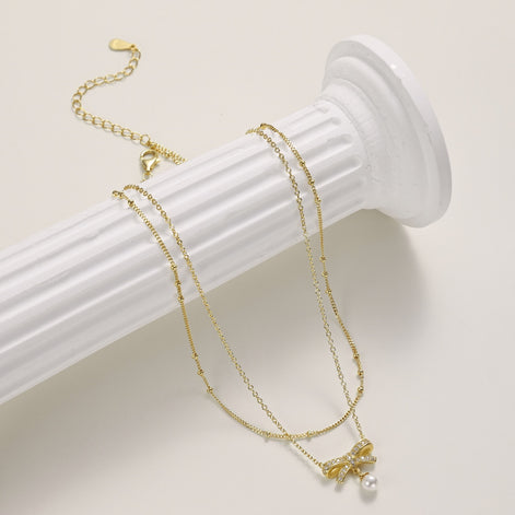 18K gold-plated double chain made of 925 sterling silver with bow pendant &amp; pearl
