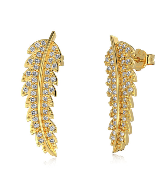 925 Sterling Silver Stud Earrings – 18K gold plated in leaf shape with zirconia