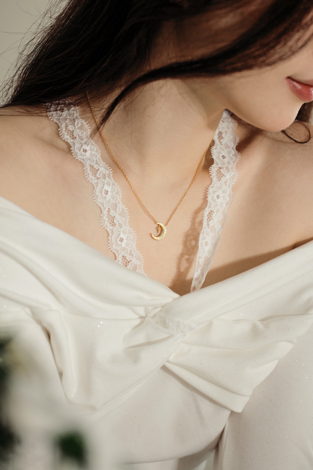 925 silver chain with crescent moon & star pendant - 18K gold-plated