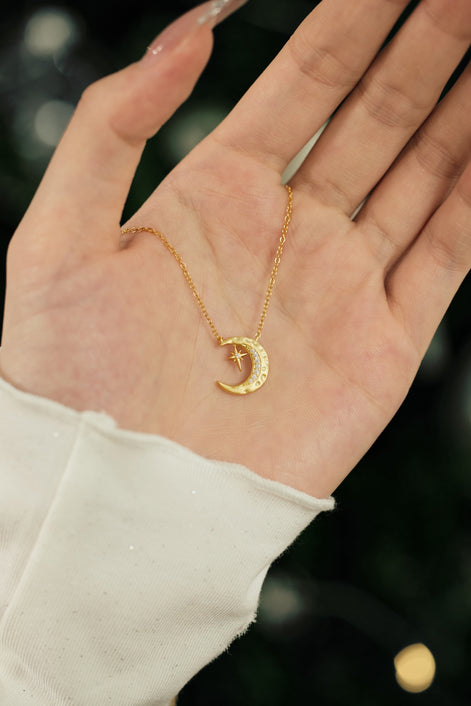 925 silver chain with crescent moon &amp; star pendant - 18K gold-plated