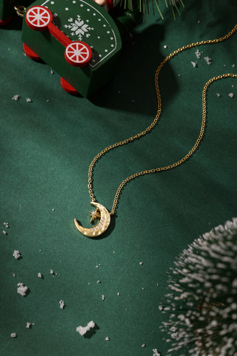 925 silver chain with crescent moon &amp; star pendant - 18K gold-plated