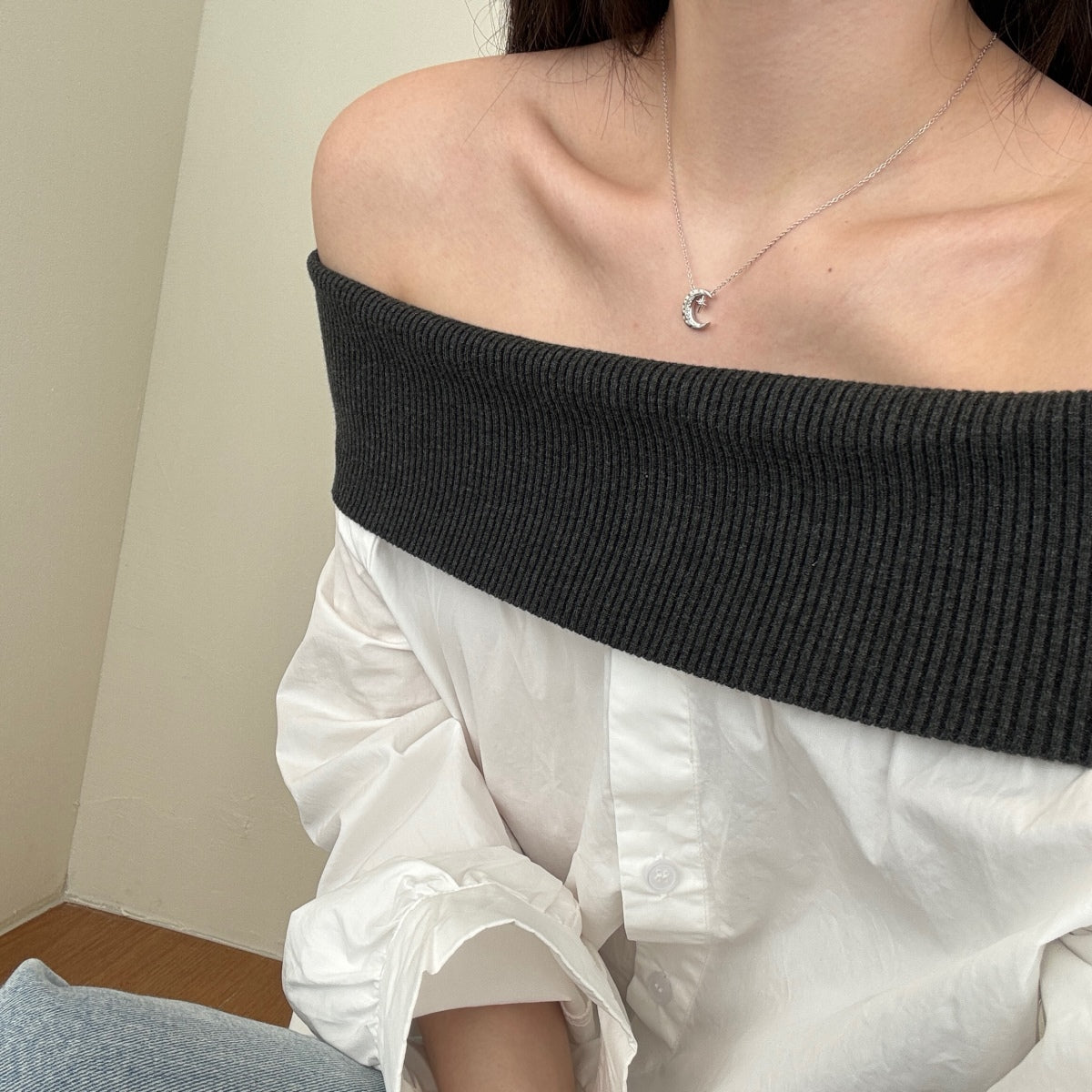 سلسلة فضية عيار 925 مع قلادة هلال ونجمة