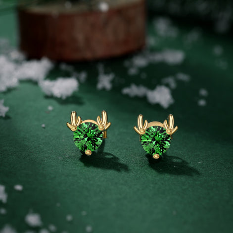Reindeer earrings made of 925 silver gold-plated 14K with green zirconia stones